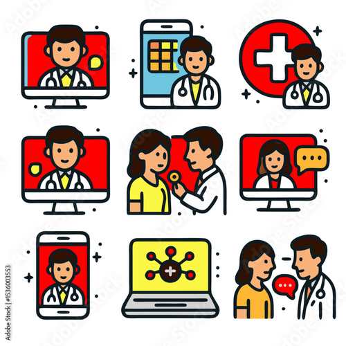 Telemedicine consultation icons show virtual and inperson doctor patient interactions. Suitable for healthcare, telehealth, medical websites, presentations, and social media.