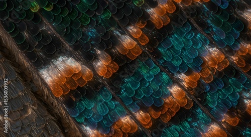Microscopic View of Butterfly Wing Scales: Teal, Orange, and Black Pattern