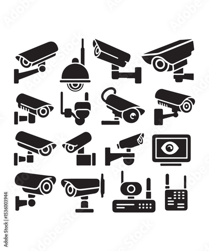 cctv icons, surveillance camera icons set silhouette vector on white background.