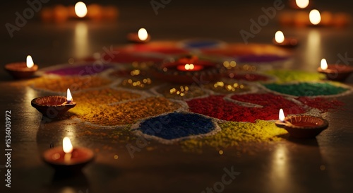 Illuminated Rangoli Design with Diya Lamps for Diwali Festival