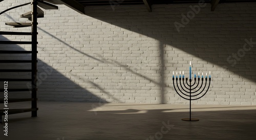 Menorah in Sunlit Industrial Space, Minimalist Hanukkah Still Life