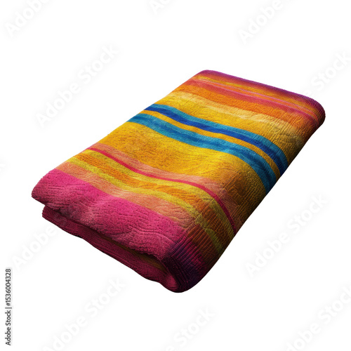 Colorful beach towel with vibrant stripes in yellow, pink, and blue, perfect for summer outings and beach days, providing comfort and style photo