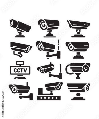 cctv icons, surveillance camera icons set silhouette vector on white background.