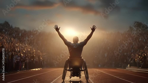 Paralympic athlete in wheelchair celebrates triumph on track. Tracking shot. 4K.
