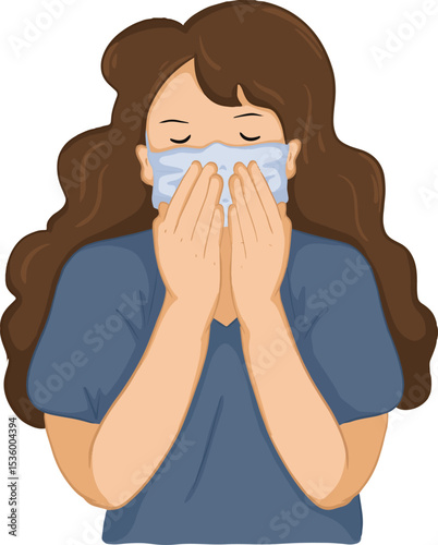Cartoon drawing of a woman wearing a mask covering her mouth while inhaling PM2.5 smog, airborne pathogens, vector illustration.