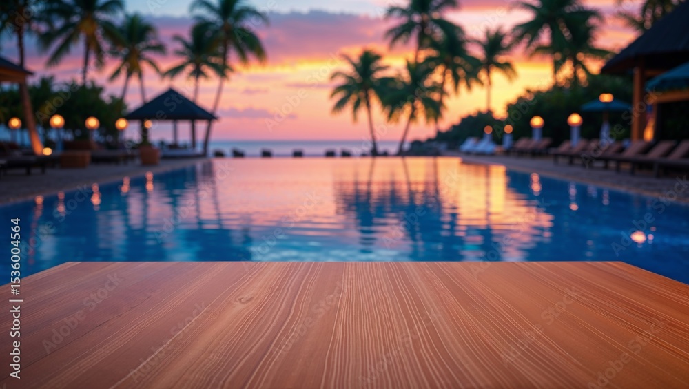 Fototapeta premium Stunning sunset over a tropical resort pool creates a beautiful, peaceful scene.