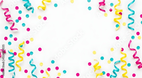 Festive Colorful Confetti and Ribbons Frame on White Background