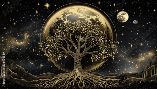Golden cosmic tree of life in starry night.