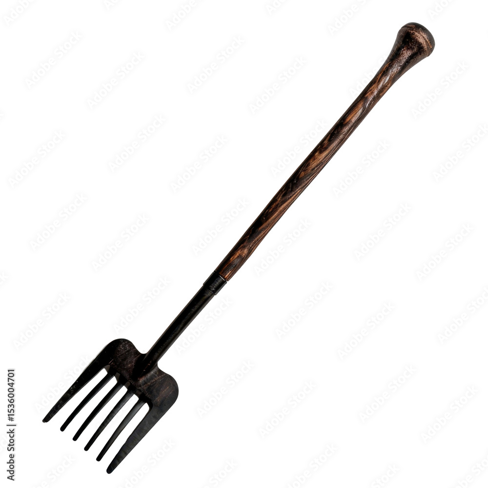 Naklejka premium Garden fork gardening tool metal prongs wooden handle outdoor equipment soil cultivation yard work durable design ergonomic grip gardening supplies
