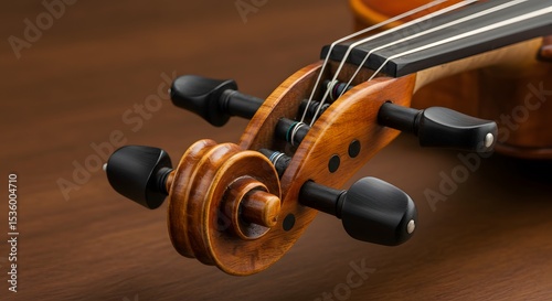 Close-up of Violin Scroll and Pegs on Rich Wood Background