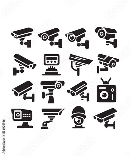 cctv icons, surveillance camera icons set silhouette vector on white background.