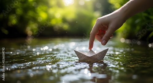 Child's Hand Gently Launching Paper Boat on Calm Stream