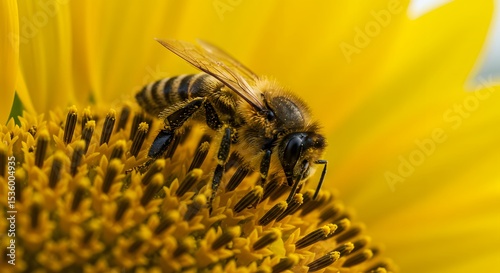 Honeybee Pollinating Sunflower Close-Up