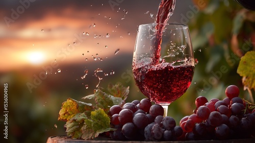 Red Wine Pour Sunset Vineyard Grapes Glass Drink Beverage Alcohol Winery Autumn Harvest Rustic Romantic Elegant Delicious Refreshing Tasty Premium Quality Winemaking leaf food     