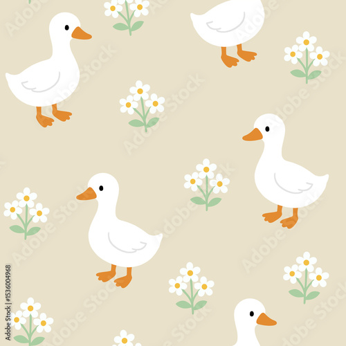 Pattern Cute white duck with white flower seamless on beige background.