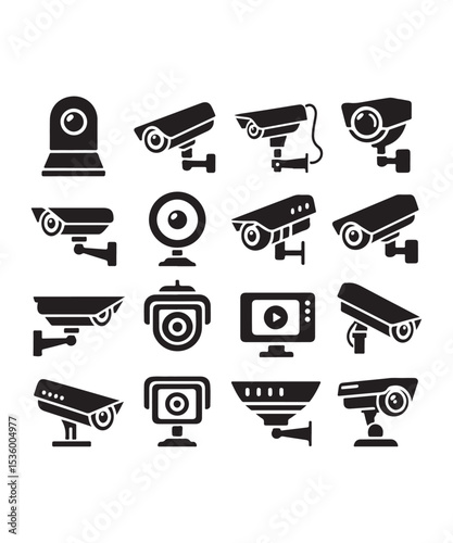 cctv icons, surveillance camera icons set silhouette vector on white background.