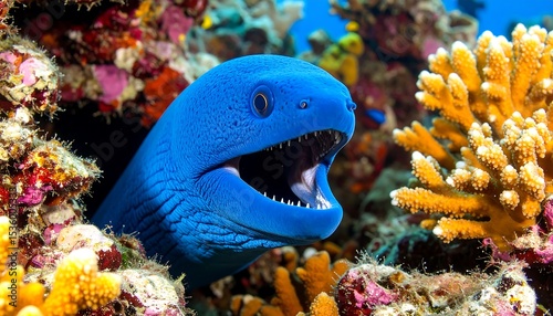 Blue Moray Eel in Coral Reef