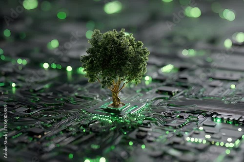 Abstract tree growing on the electronic circuit board with glowing lights, symbolizing eco-friendly technology