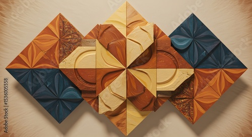Abstract Wooden Wall Art: Geometric Pattern in Warm and Cool Tones