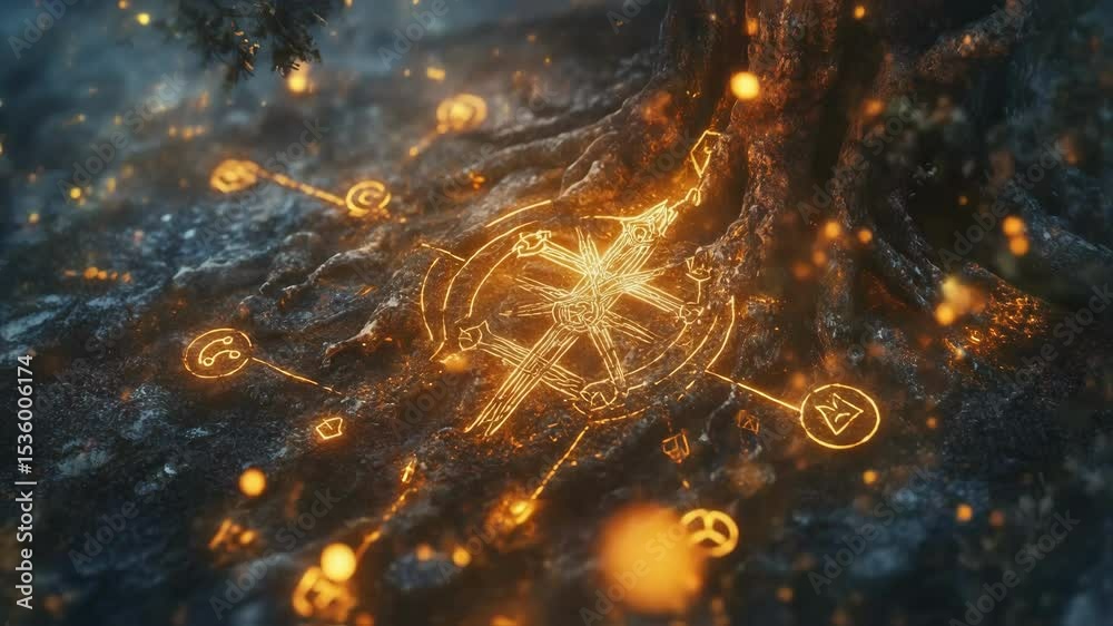 Magical glowing viking runes and symbols appear on the ground at the ...