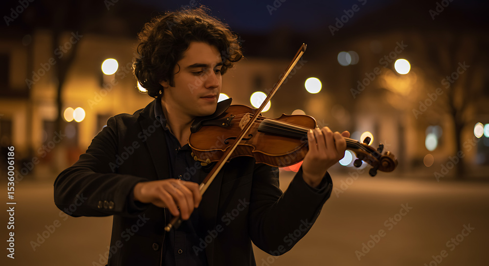 Fototapeta premium Nighttime Violinist A Street Musician's Serene Performance Under City Lights