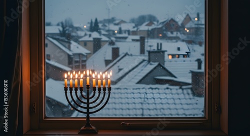 Snowy Winter Village View from Window with Lit Menorah