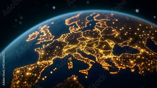 The image shows a nighttime view of Europe from space, with city lights illuminating the continent's borders and major population centers.