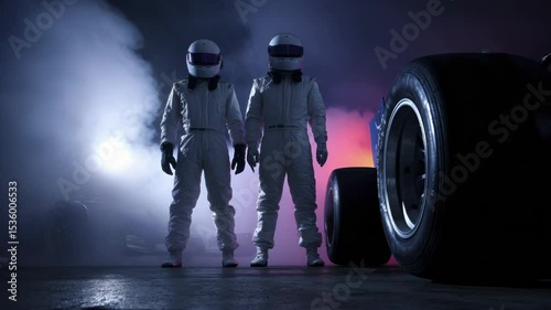 Two Anonymous Racers in White Suits and Helmets Stand Near Racing Car in Dramatic Light
