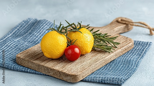 Fresh lemons, cherry tomatoes, and rosemary sprigs on a wooden cutting board.