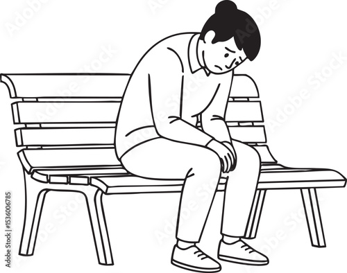 A continuous line art drawing of a person with a bun hairstyle, sitting on a park bench with their head down, appearing sad or contemplative