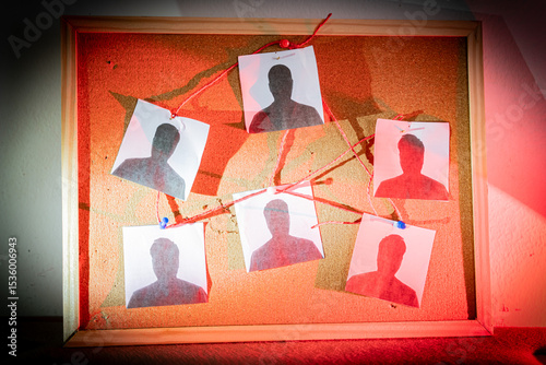 Criminal investigation board with suspect photos connected by red thread on cork background