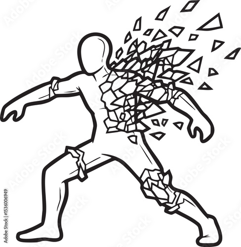 A line art drawing of a human figure with one side dissolving into geometric shards, symbolizing transformation or disintegration