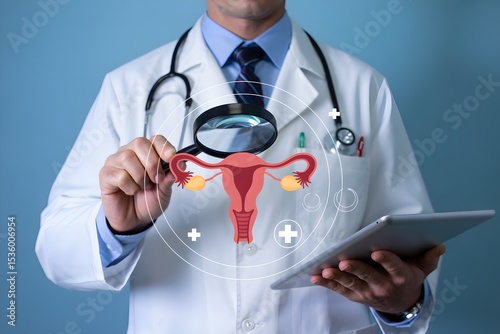Women’s Health Check Concept – Doctor Holding Magnifying Glass with Uterus Symbol Representing Female Reproductive System Screening, PCOS, and Cervical Cancer Prevention