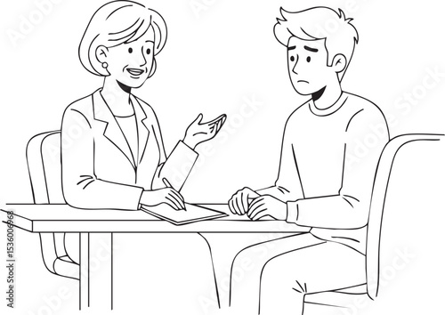 A detailed vector illustration in outline style depicting a one-on-one therapy session, showcasing a mental health professional.