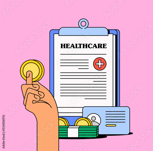 Hand holding a coin in front of a clipboard with a healthcare document, coins, cash, and an ID card. Suitable for themes related to medical insurance, healthcare costs, finance cartoon illustration