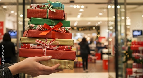 Festive Gift Stack in Shopping Mall Entrance