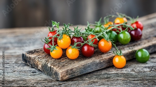 Colorful cherry tomatoes clustered on a rustic wooden board.
