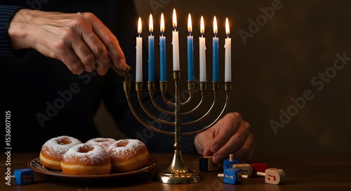 Person Lighting Candles on a Menorah with Sufganiyot for Hanukkah