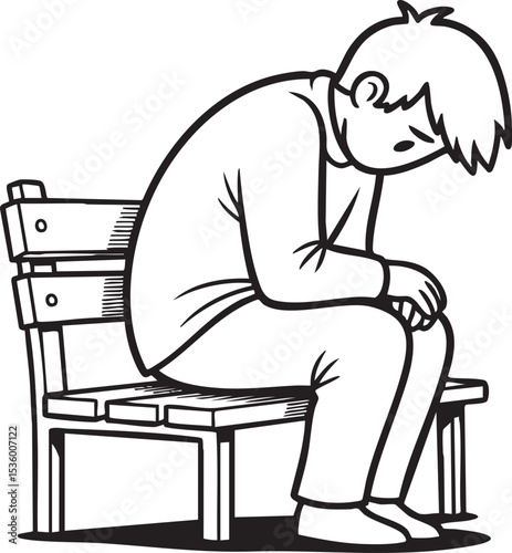 line art drawing of a young man sitting on a park bench with his head down, appearing sad or contemplative