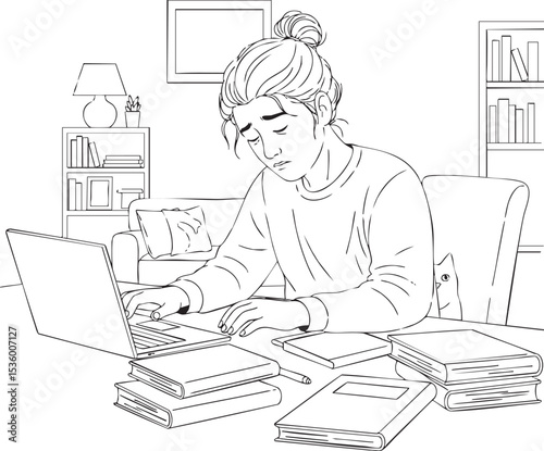 A black and white line art illustration depicting an overwhelmed individual with their head bowed over a laptop at a desk surrounded by books, in a home office setting