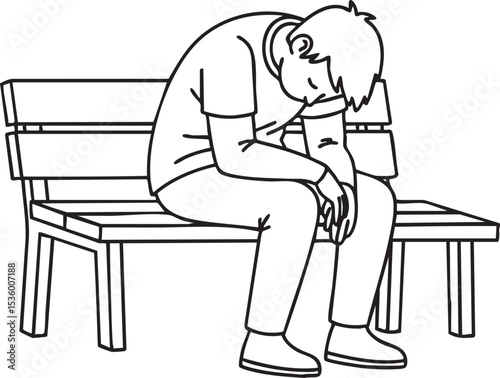 line art drawing of a young man sitting on park bench with his head down, appearing sad or contemplative