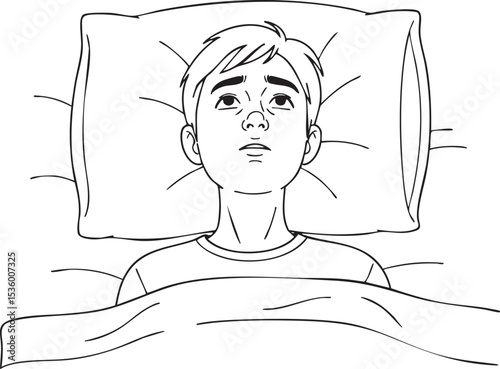 A black and white illustration from an overhead view of a person lying in bed with eyes open, suggesting wakefulness or contemplation