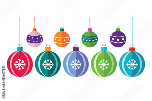 Colorful Christmas Ornaments with Snowflake and Polka Dot Designs on White