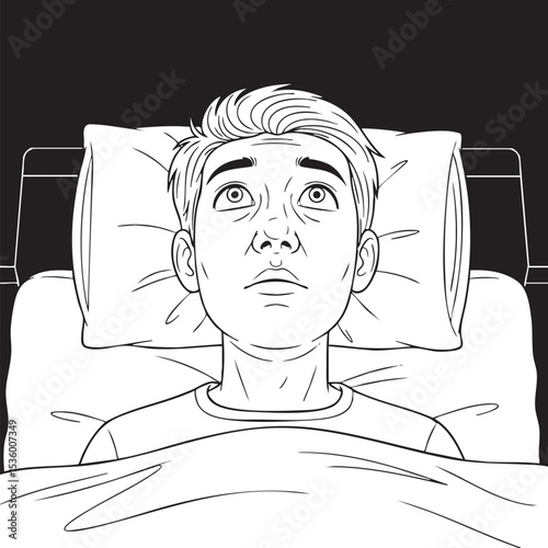 A black and white illustration of a person lying in bed against a dark background, looking upwards with a weary expression, suggesting insomnia.