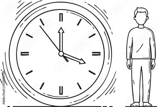 A black and white illustration showing a person standing next to a large, possibly rolling or moving wall clock, indicating the continuous flow or impact of time