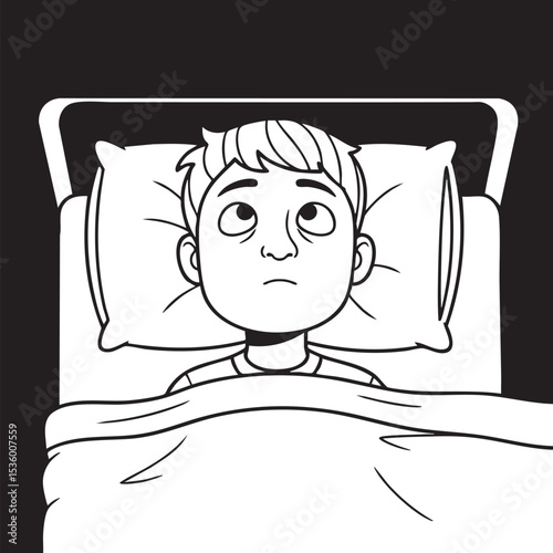 A black and white line art illustration from a top-down perspective, depicting a child lying in bed with a worried or sad expression, looking upwards