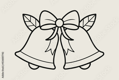 Minimalist Christmas Bells with Bow and Leaves Illustration in Black and White