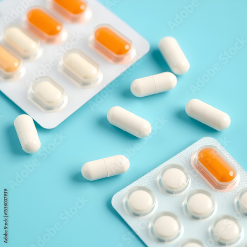 Blue-white antibiotic capsule pills and pill blister pack on blue background. Online pharmacy banner. World Health Day. Pharmaceutical industry. Prescription drugs. Antibiotic drug resistance concept.