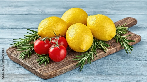 Fresh lemons and cherry tomatoes with sprigs of rosemary on a wooden cutting board.