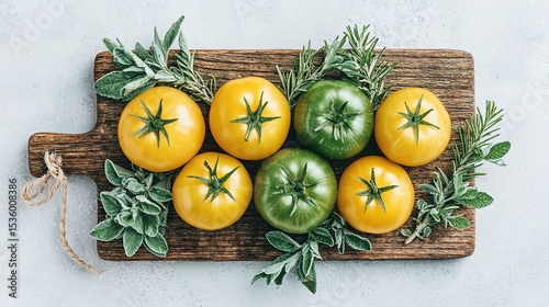 Colorful tomatoes and herbs arranged on a rustic wooden cutting board.